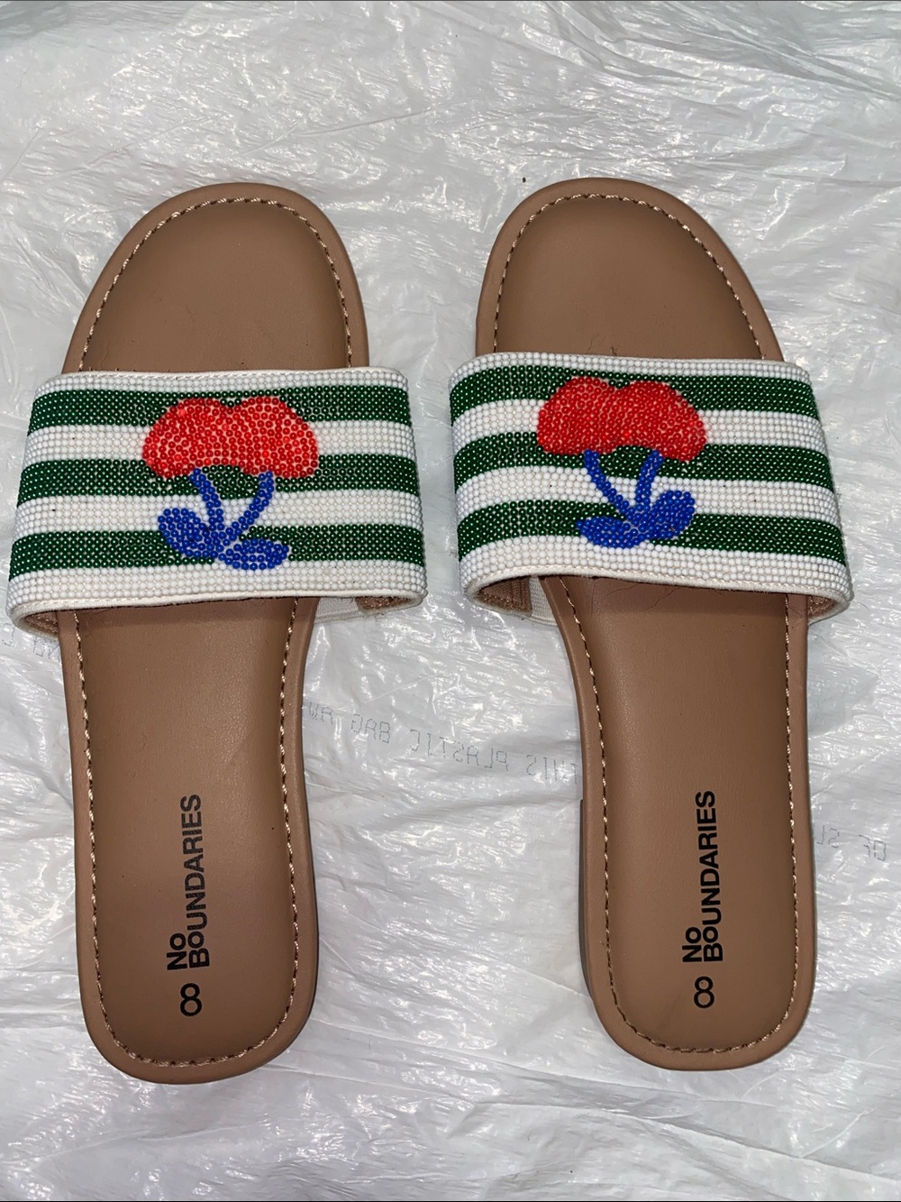 No Boundaries Green & White Beaded Slide Sandals with Red Cherry Accent